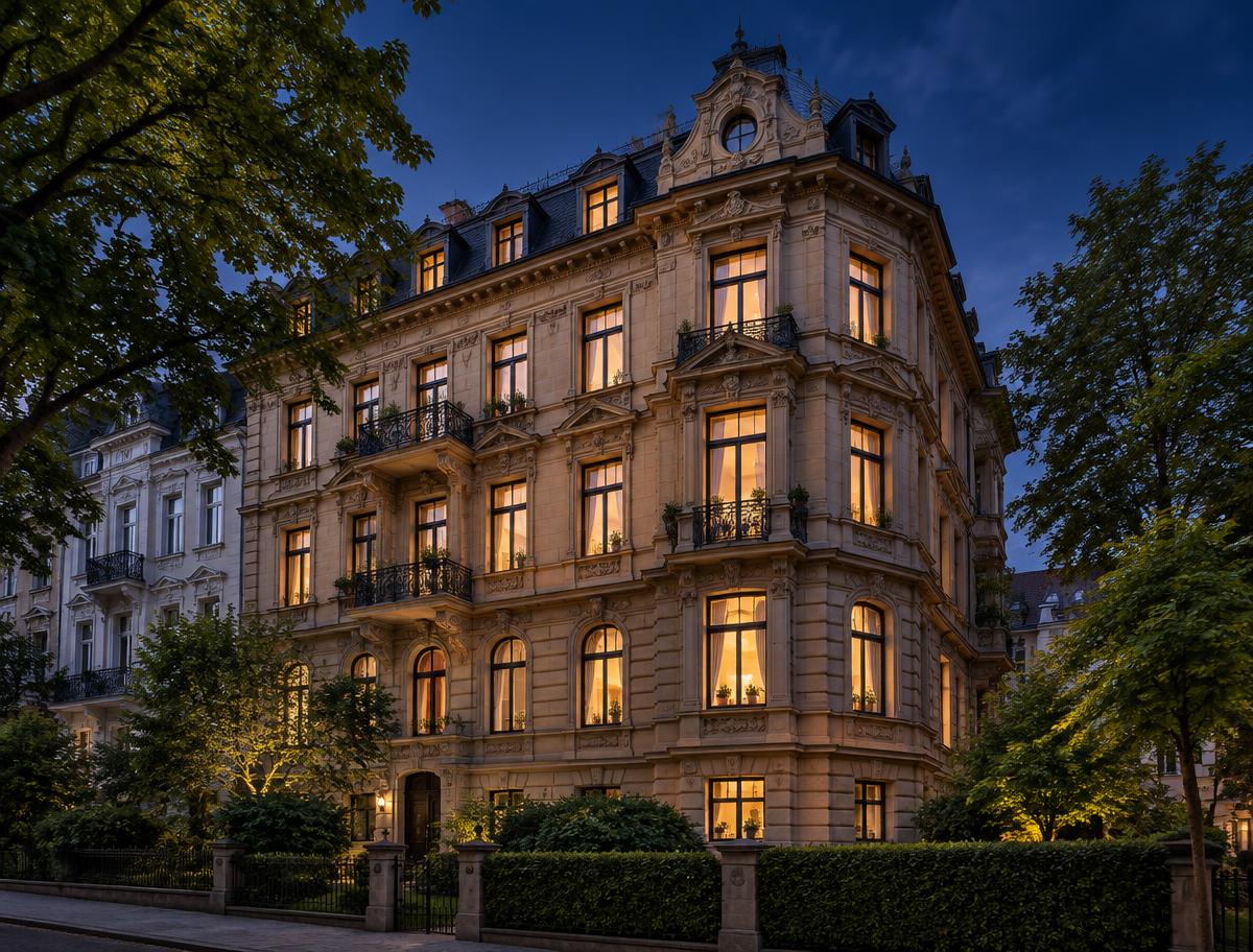 Restaurierte historische Wohnimmobilie bei Abendlicht